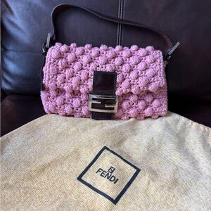 Fendi Pink Crochet Shoulder Bag with Leather Strap